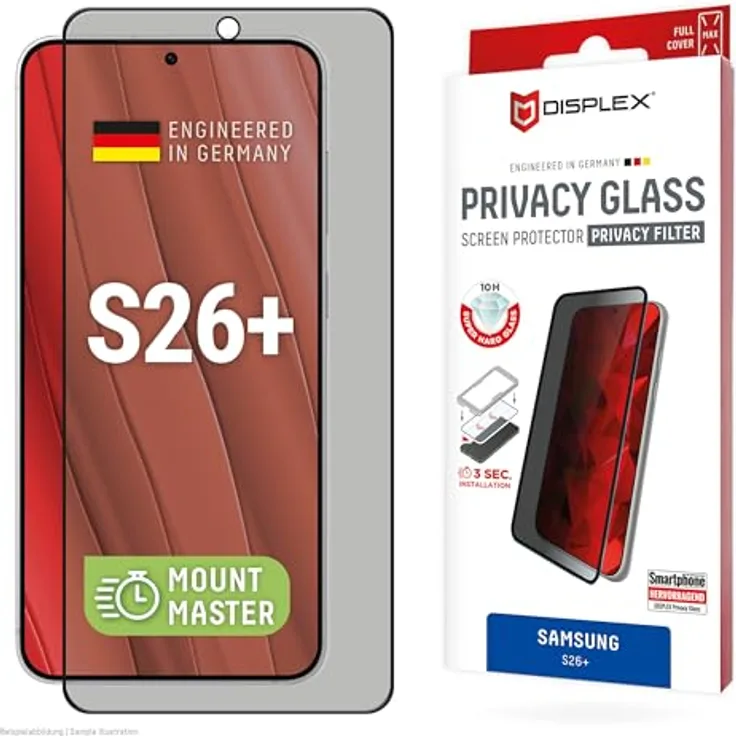 Displex Real Glass MountMaster für Samsung Galaxy S26+, privacy Glass mit 2-Wege Blickschutz, kratzresistent, blasenfreie Installation