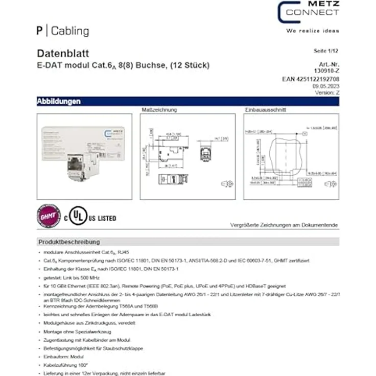 Metz E-DAT modul Cat.6A 8(8) 10 GBit Ethernet 130910I, Modular-Stecker, silber (VPE 12 Stück) – Bild 3