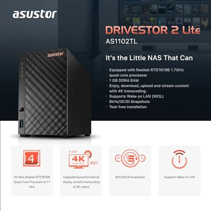 Asustor Drivestor 2 Lite AS1102TL, 2 Bay NAS Gehäuse Netzwerkspeicher, 1.7GHz Quad Core, 1GbE Port, 1GB RAM DDR4, Network Attached Storage für Cloud Speicher (Diskless) – Bild 4