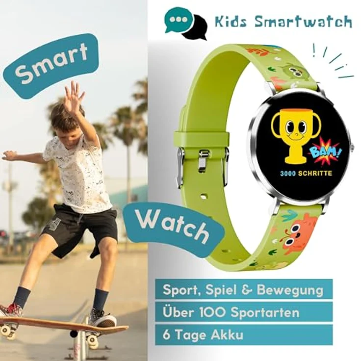 XCOAST LINO TIME Kinder Smartwatch, IP68 wasserdicht, SOS-Notfalltaste, Schrittzähler, grünes Design – Bild 2