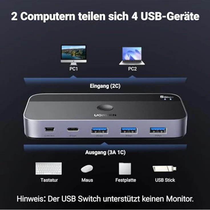 UGREEN USB C Switch 2PC USB Switch 3.0, 1x USB C und 3x USB A Ports, Aluminiumgehäuse, 5 Gbps Datenübertragung, 2 USB-C auf A/C Kabel, für Tastatur und Maus – Bild 3