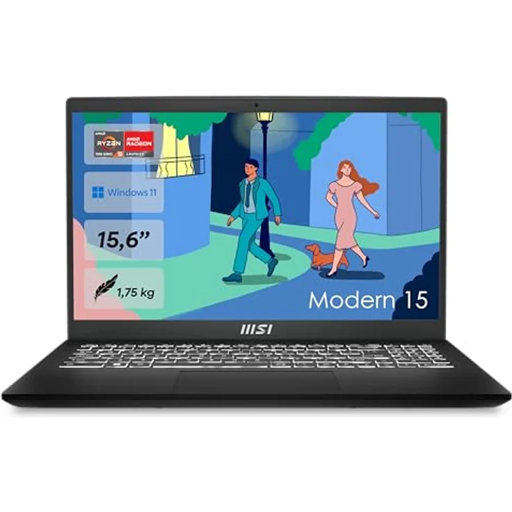 MSI Modern 15 B7M-463, 15,6 Zoll Full HD Laptop mit AMD Ryzen 5, 16 GB RAM, 512 GB SSD, Radeon Graphics, Windows 11 Home, Schwarz – Bild 1