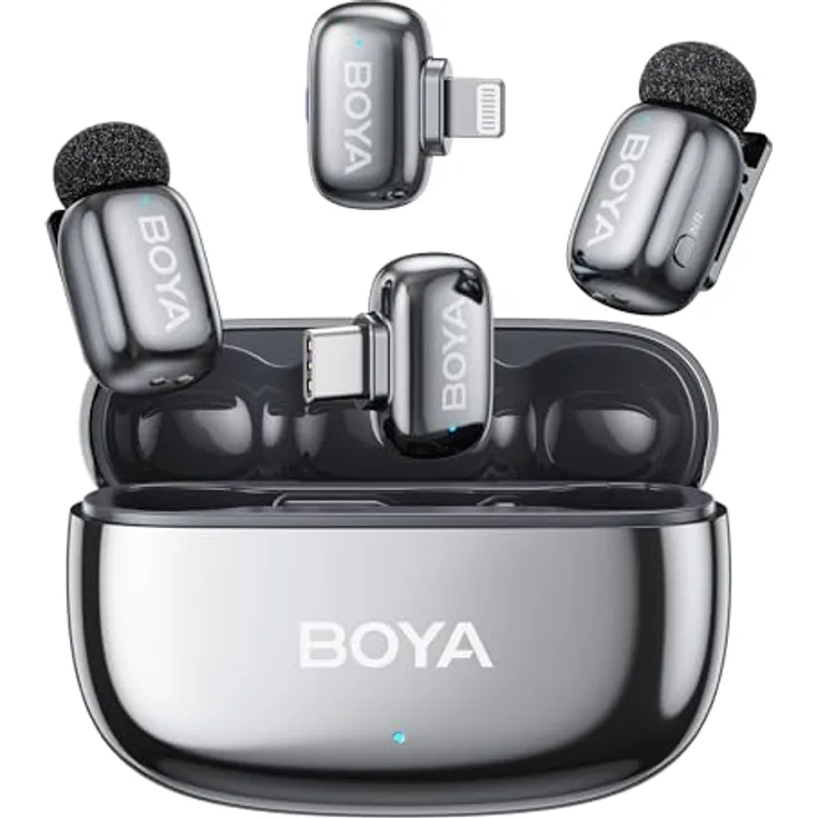 Boya Mini 2-01 (Grau), Drahtlos-Mikrofonsystem mit USB-C und Lightning Empfänger, 2x TX, 50m Reichweite, omnidirektionale Kondensatormikrofone, bis zu 5h Akkulaufzeit.