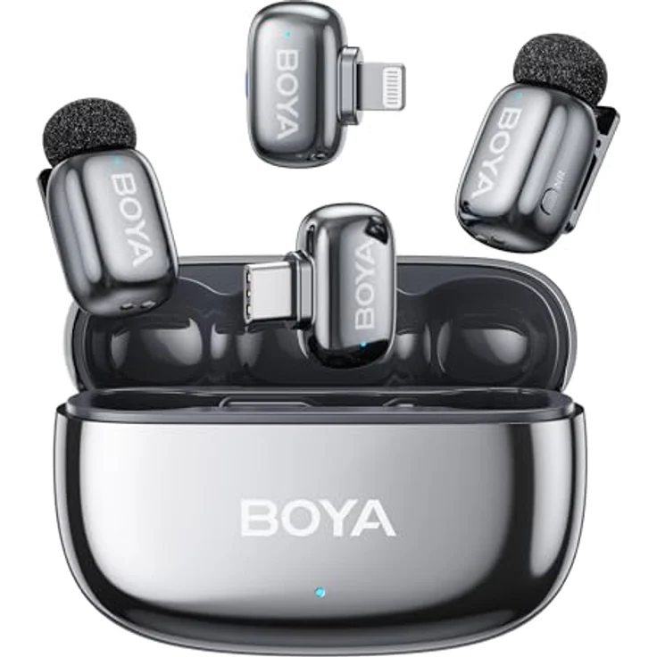 Boya Mini 2-01 (Grau), Drahtlos-Mikrofonsystem mit USB-C und Lightning Empfänger, 2x TX, 50m Reichweite, omnidirektionale Kondensatormikrofone, bis zu 5h Akkulaufzeit. – Bild 1