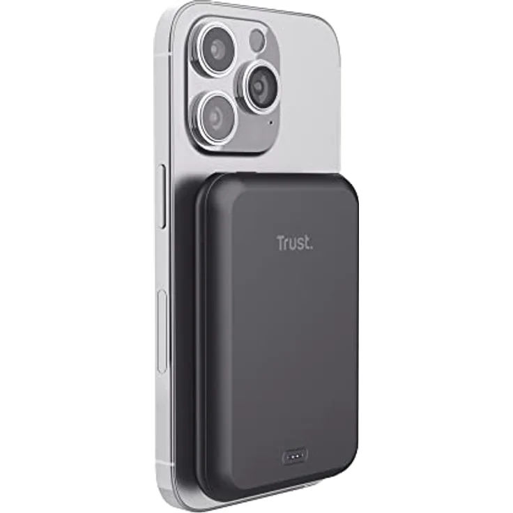 Trust Mobile Magno Magnetische Kabellose Powerbank 5.000 mAh Schnelles Aufladen, 50% Recycelten Materialien, MagSafe Ladegerät, USB-C Ladekabel, Qi Leichtes Mini Powerbank iPhone 12 – Schwarz