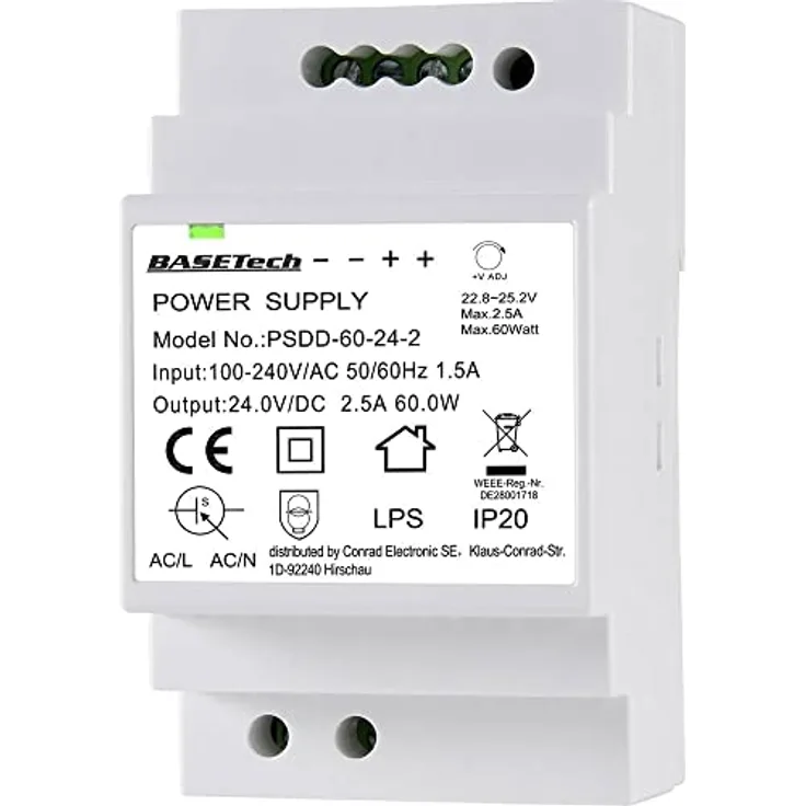 Basetech BT-2250321 Hutschienen-Netzteil 24 V, 2.5 A, 60 W, 2 Ausgänge, einfache Installation