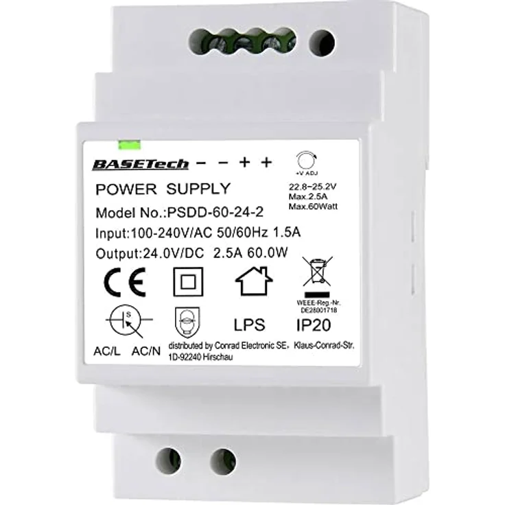 Basetech BT-2250321 Hutschienen-Netzteil 24 V, 2.5 A, 60 W, 2 Ausgänge, einfache Installation – Bild 1