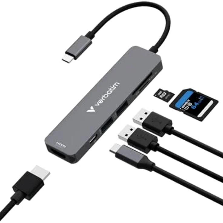 Verbatim USB-C Essentials Multiport Hub, 6 Anschlüsse mit Kartenleser, HDMI bis 4K/30Hz, 100W PD, SD/microSD Steckplätze – Bild 2