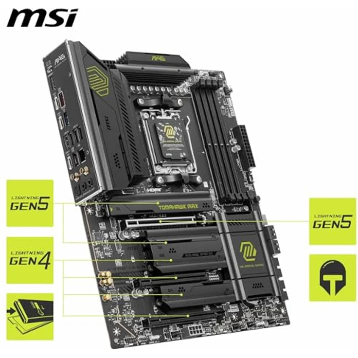 MSI MAG B850 Tomahawk MAX WiFi Mainboard, ATX - Unterstützt AMD Ryzen 9000/8000/7000 Prozessoren, AM5-80A SPS VRM, DDR5 Memory Boost 8400+ MT/s (OC), PCIe 5.0 x16, M.2 Gen5, Wi-Fi 7, 5G LAN - Schwarz – Bild 5