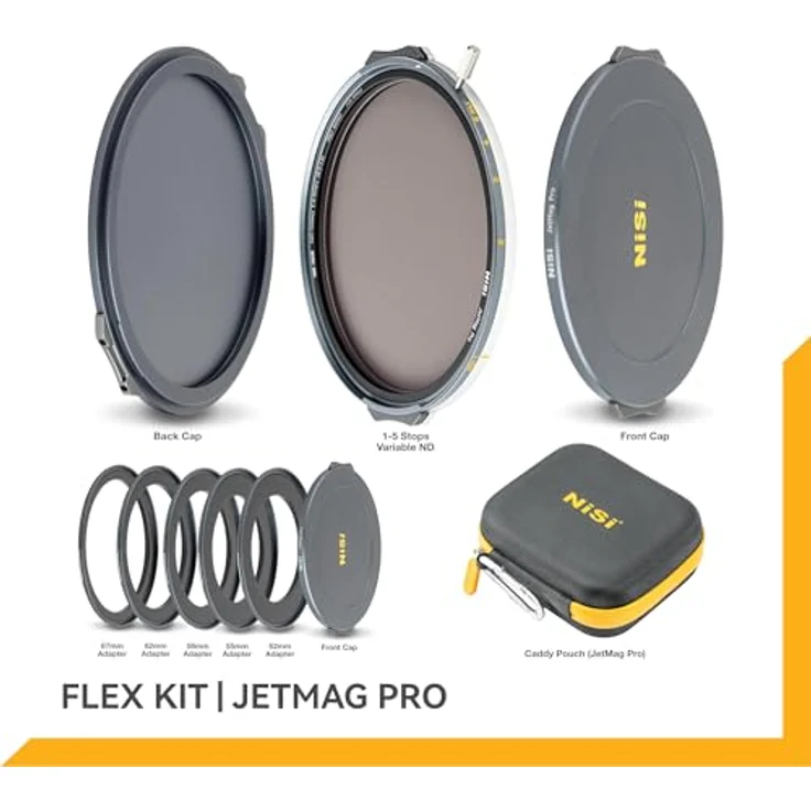 NiSi JetMag Pro 67MAG, 1–5 Stops VND Magnetfilter Kit mit True Color ND-Filter, 52/55/58/62/67mm Adapterringen, inkl. Objektivdeckel und Filtertasche – Bild 3