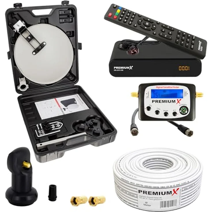 PremiumX Camping Satelliten Anlage, HD TV Receiver mit SAT-Finder, Single LNB, 10m Kabel und F-Stecker, kompakt im Koffer, hellgrau – Bild 1
