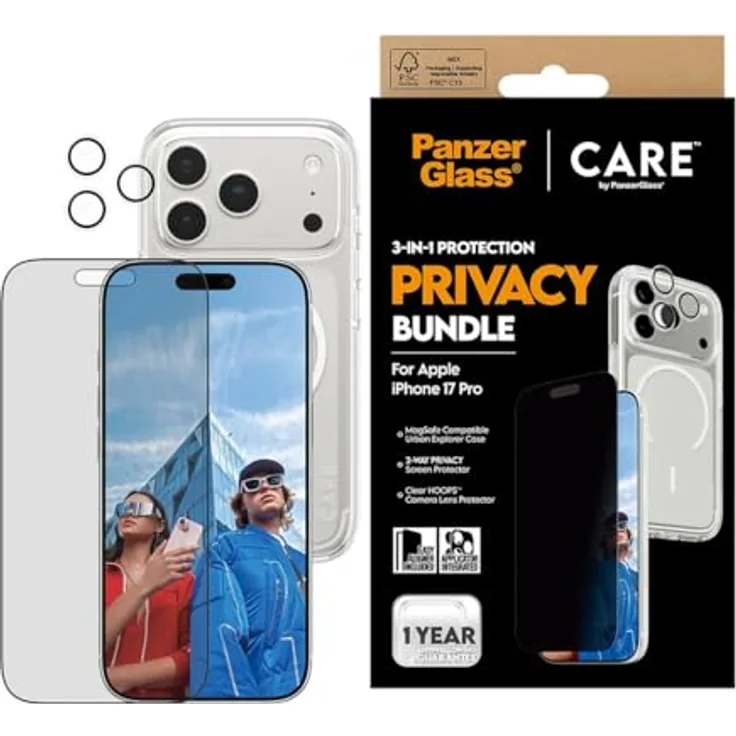 PanzerGlass 3-in-1 Privacy Set, Schutzfolie für Apple iPhone 17, transparent, kratz- und stoßfest, MagSafe-kompatibel