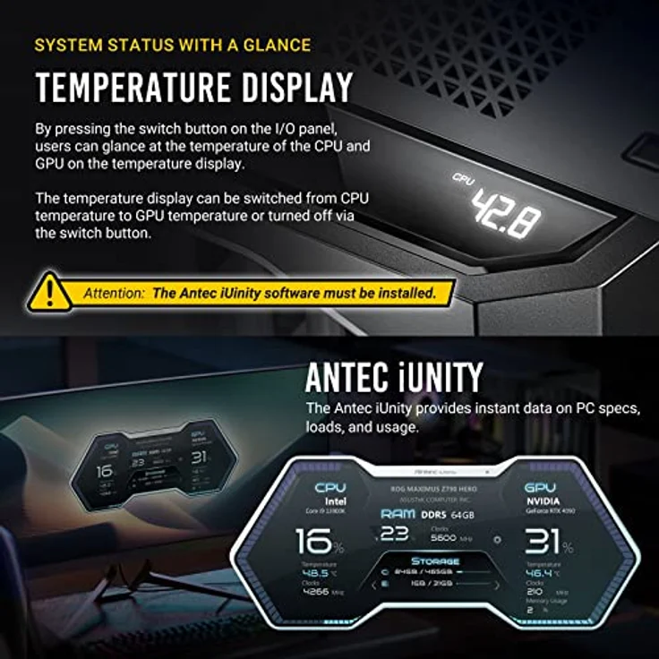 Antec Performance 3,5 m, Full Tower, RTX40 voll kompatibel, Temperaturanzeige, 4 x Storm T3 PWM Lüfter, Typ-C, Dual TG Seitenwände, abnehmbare obere Halterung, hohe Luftstrom-Netz-Frontplatte, – Bild 3