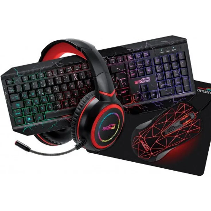 Amstrad Pro Gamer Hunters 5er Pack, Tastatur, Maus, Mauspad, Kopfhörer und Adapter, kabelgebunden, Schwarz