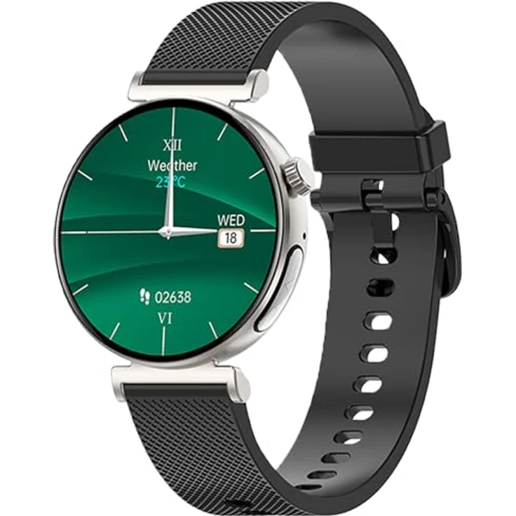 Knauermann PRO 3 Mini (2024) Silber - Gesundheitsuhr Smartwatch mit Telefoniefunktion, EKG + HRV und SOS Funktion, AMOLED Display, BT Bluetooth, Schlafapnoe - Silikonband Schwarz, 14-24, rund – Bild 1
