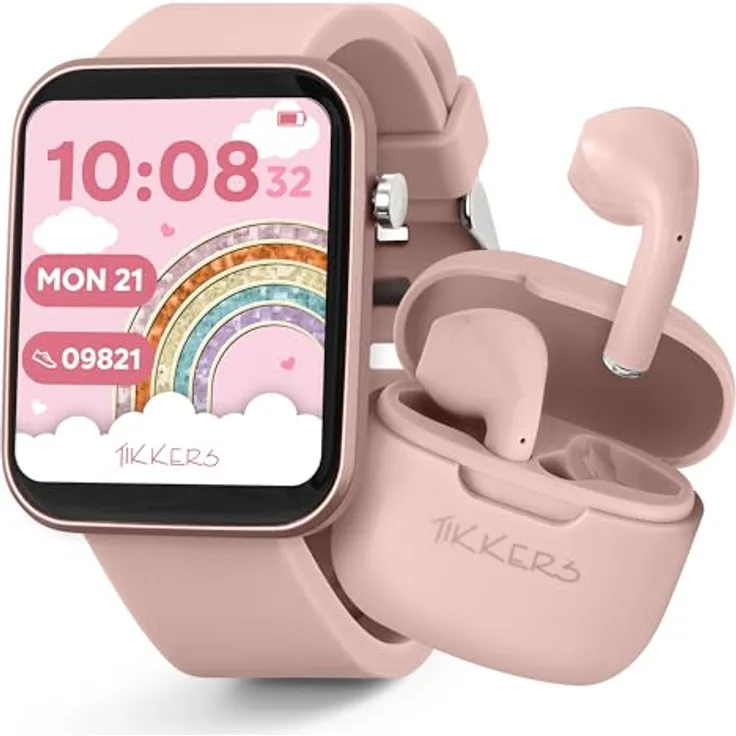 Tikkers Smart Series 13 TKS13-0031-SET, Smartwatch- und Ohrhörer-Set mit Silikonband, rosa, Schrittzähler, Herzfrequenzmesser, Bluetooth 5.2, personalisierbares Zifferblatt