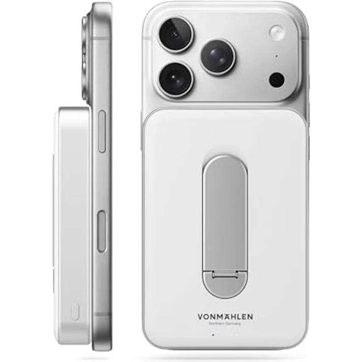 VONMÄHLEN Evergreen Mag, 10.000 mAh Qi2-Powerbank mit Kickstand, 15W kabelloses Laden, 20W USB-C, integrierter Standfuß, LCO-Akku, 3 Jahre Garantie – Weiß – Bild 1