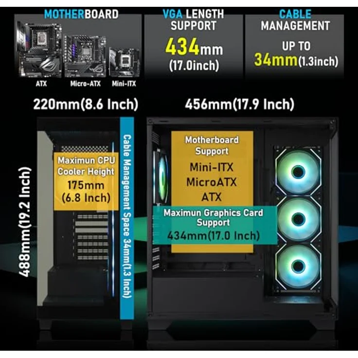 BitFenix CETO Premium Edition, Mid Tower PC Gehäuse mit 4 x Infinity ARGB-Lüftern, Panorama-hartglas, schwarzes Design, 360 mm AIO-Unterstützung – Bild 3