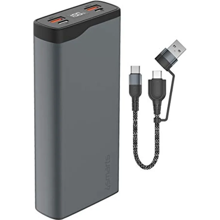4smarts Power Bank VoltHub Pro Externer Akku 20.000 mAh 22,5 W Tragbares Schnellladegerät mit USB Quick Charge 3.0, USB C Power Delivery & Samsung Adaptive Fast Charge [Select Edition] – Grau