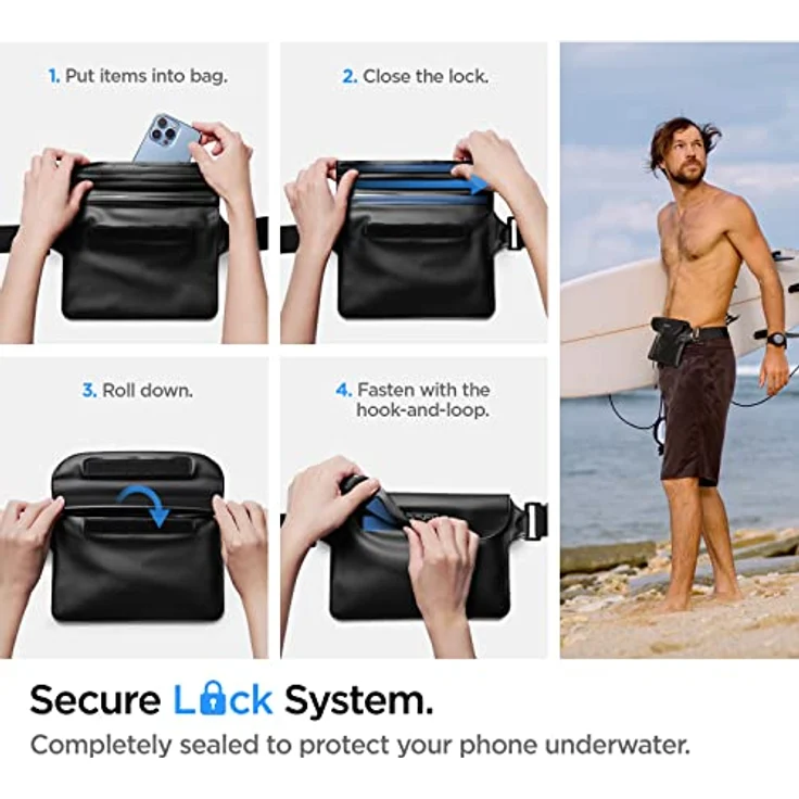 Spigen Aqua Shield wasserdichte Tasche Set [Tasche+Handyhülle] IPX8 Bauchtasche Handytasche Gürteltasche Beutel Universal Strandtasche für Wassersport Strand -Schwarz – Bild 5