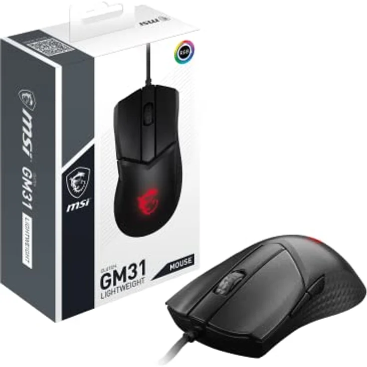 MSI Clutch GM31 Lightweight Gaming Maus - 12.000 DPI Optischer Sensor, Rechtshänder, 60M+ Click OMRON Schalter, 6 Tasten, FriXionFree Kabel, 1ms Latenz, RGB Mystic Light, 58g - Kabelgebunden – Bild 1