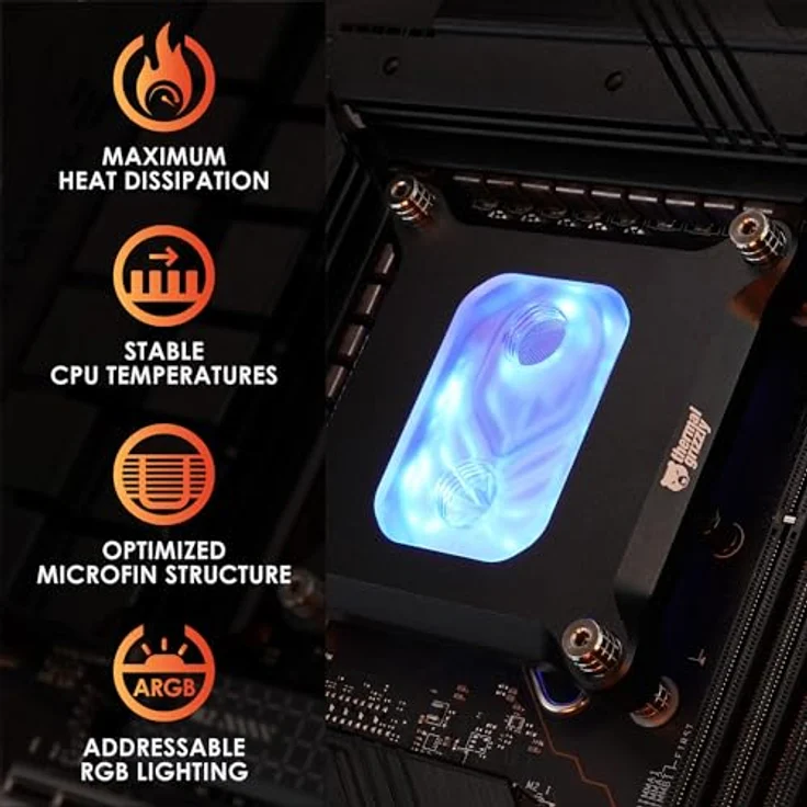 Thermal Grizzly Mycro Pro RGB, High Performance Wasserkühlungsblock G1/4 für Intel LGA1851/1700, vernickelte Kupfer-Coldplate mit 70 Mikrofinnen, integrierter Feinfilter und 5V 3-Pin ARGB-Beleuchtung, schwarz – Bild 4