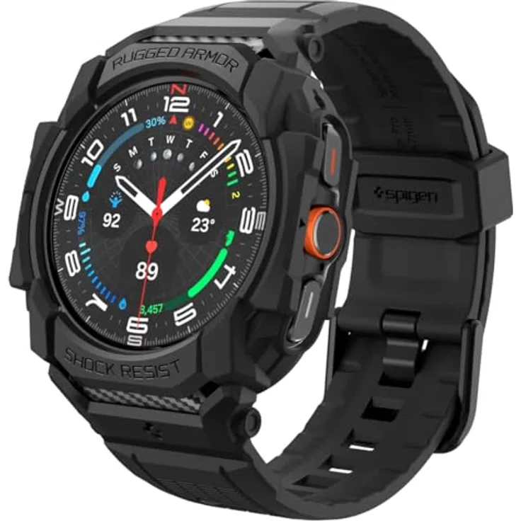 Spigen Rugged Armor Pro Hülle mit Armband für Samsung Galaxy Watch Ultra 47mm (2024) - Matt Schwarz, Stoßfestes TPU & präzise Funktionsausschnitte