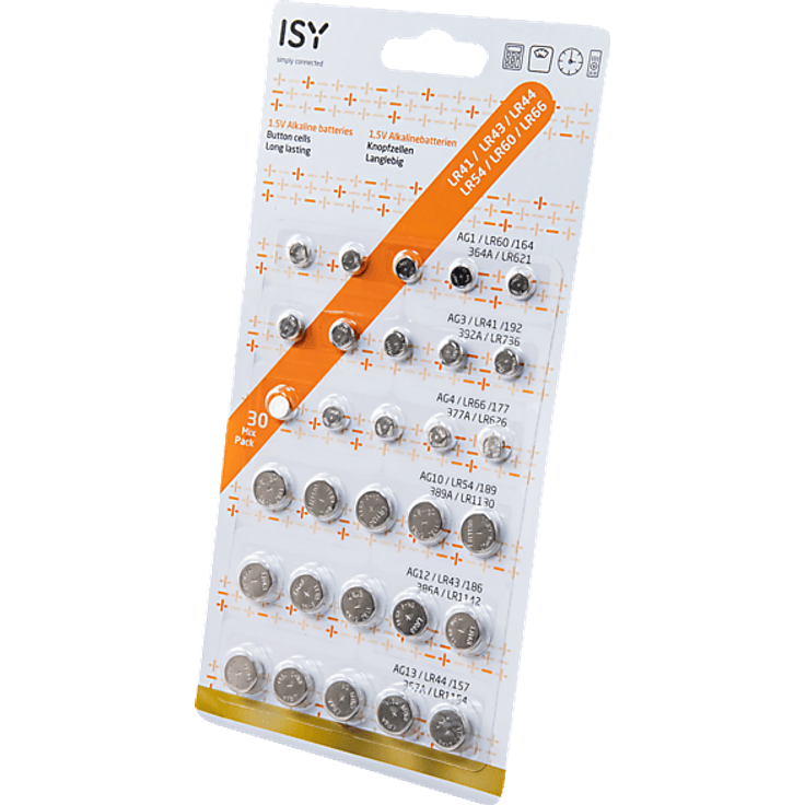 ISY IBA-3030 30-Mix Pack Alkaline-Batterien Knopfzellen, 1.5 Volt für zuverlässigen Betrieb von Elektronikgeräten