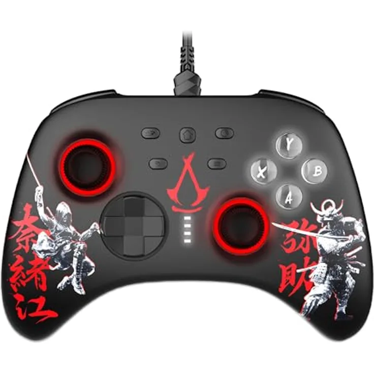 Trade Invaders Wired PC Controller - Assassin's Creed Shadows, ergonomischer Gaming-Controller für PC, Switch und Android, schwarz-rot, 3 Meter Kabel