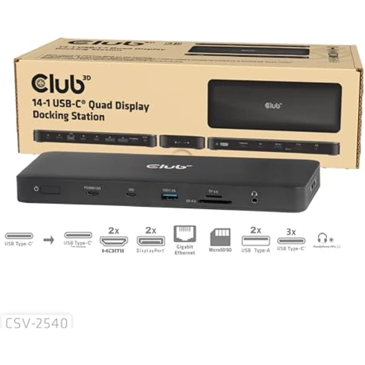 Club3D CSV-2540 14-1 USB-C® Quad-Display-Dockingstation, 4x 4K60Hz, 14 Ports, 2.5GBASE-T Gigabit Ethernet, Schwarz – Bild 2