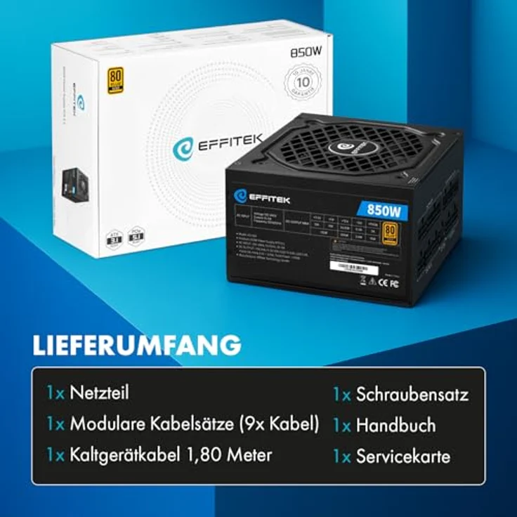 EFFITEK Gold Series 850W Netzteil, 80 Plus Gold, ATX 3.1, PCIe 5.1 kompatibel, vollmodular, geräuscharm, Japan 105°C Kondensator, aktives PFC, Premium 16AWG Kabel – Bild 4