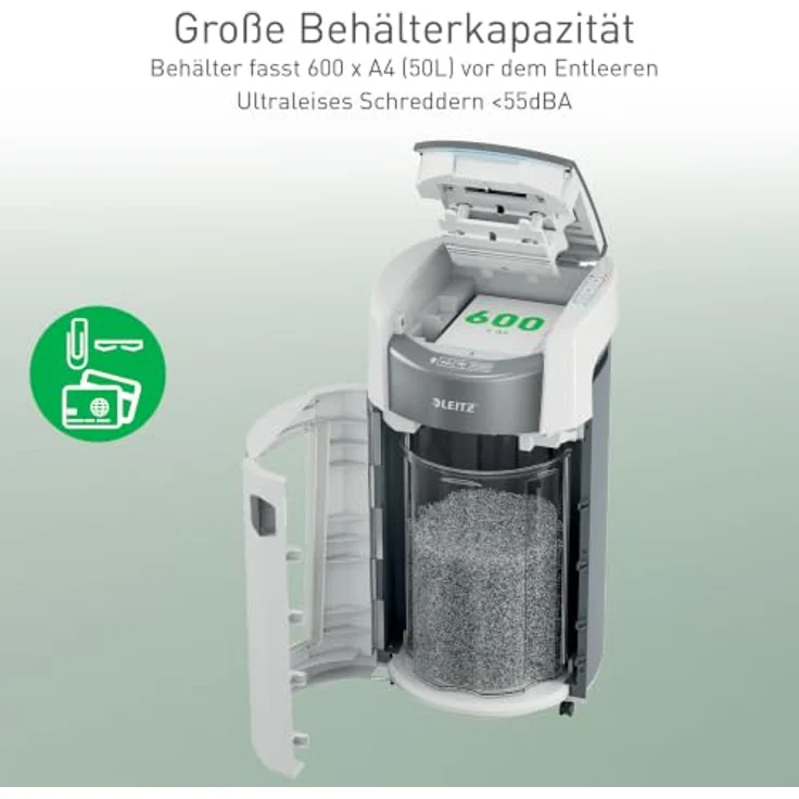 LEITZ IQ OptiMax Autofeed Office Pro 600, Aktenvernichter mit Partikelschnitt P-5, 55 dB, 50 l Auffangbehälter, bis 600 Blatt – Bild 4