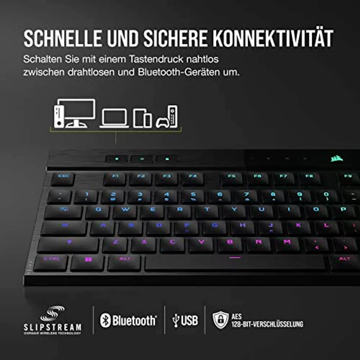 Corsair K100 AIR WIRELESS RGB Ultradünne Mechanische Gaming-Tastatur - Sub-1-ms-SLIPSTREAM WIRELESS, Bluetooth, CHERRY MX Ultra Low Profile-Tastenschalter - DE Layout, QWERTZ - Schwarz – Bild 3