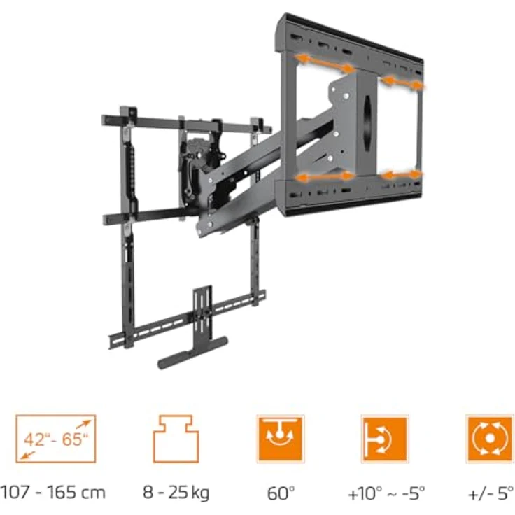 my wall höhenverstellbarer TV Wandhalter - HP55AL, neigbare und schwenkbare Fernseher Halterung für Bildschirme von 42 bis 65 Zoll, mit Soundbarhalter, Federmechanismus in schwarz – Bild 3