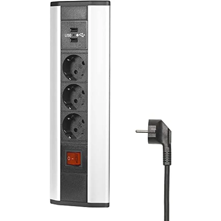 Elbe Inno® Ecksteckdose für die Arbeitsplatte, 3x Steckdosen & 2 USB-Anschlüsse, Aluminium in schwarz-grau Optik mit LED-Netzschalter und Überspannungsschutz – Bild 1