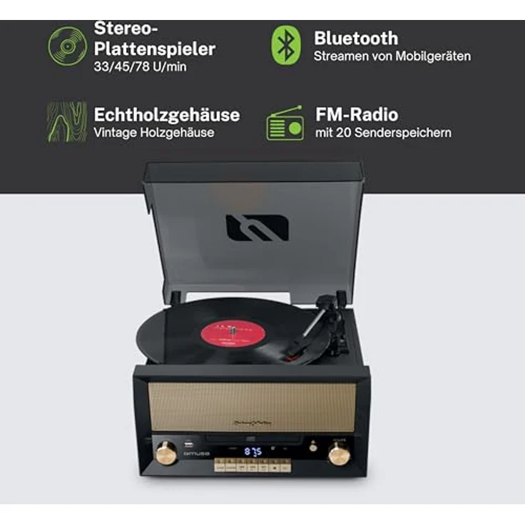 Muse MT-110 B Retro Stereo-Anlage mit Plattenspieler, Bluetooth, CD-Player und Radio mit USB für Wiedergabe und Aufnahme, schwarz – Bild 3