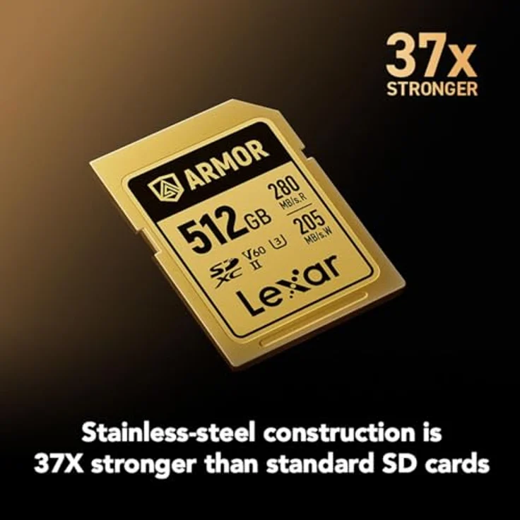 Lexar SDXC Pro Gold Series ARMOR UHS-II V60, 512 GB Speicherkarte mit Edelstahlkern, IP68, 280 MB/s Lesegeschwindigkeit, wasserdicht und stoßfest – Bild 3