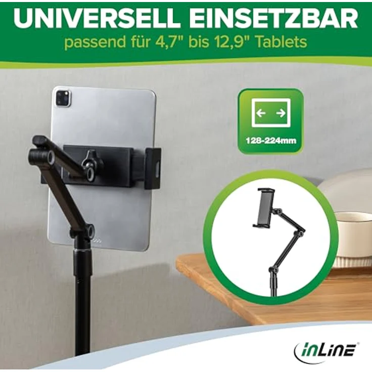 InLine Tablet Halterung mit Bodenplatte aus Metall, höhenverstellbar bis 1,63m, universell bis 12,9", schwarz – Bild 4