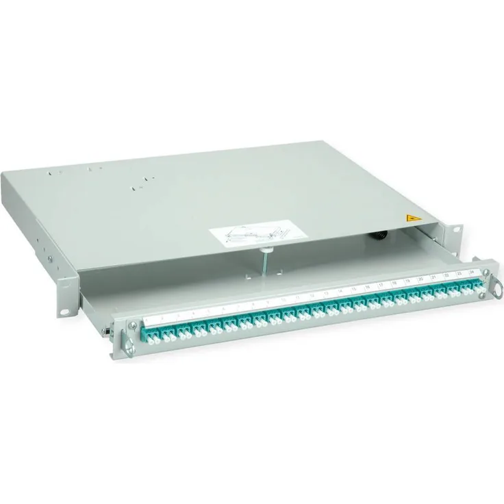 Telegärtner PROFI V LWL-Panel, 24x LC Duplex Kupplungen, türkis, OM3, 1HE, zurückversetzbar/aushängbar