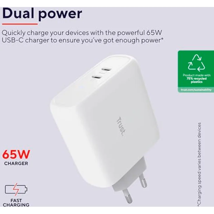 Trust Maxo USB C Ladegerät 65W, 2 USB-C-Anschlüssen, 75% Recycelten Materialien, Schnellladegerät USB-C Stecker, Netzteil für iPhone, iPad, Samsung Galaxy, Steam Deck, Smartphones - Weiß – Bild 2
