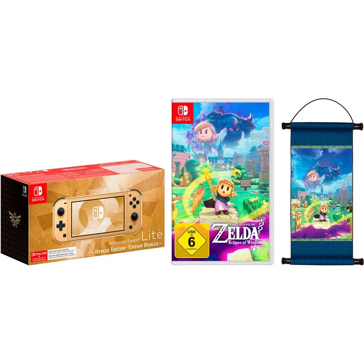 Nintendo Switch Lite – Hyrule-Edition, Handheld-Konsole für Nintendo Switch-Spiele mit integrierter Steuerung + Zelda: Echoes of Wisdom + Zelda-Schriftrolle
