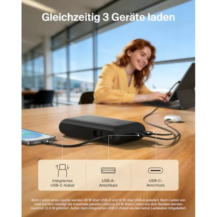 Belkin UltraCharge 20000mAh Power Bank mit integriertem USB-C-Kabel, 45 W Schnellladung und digitaler Anzeige – Schwarz – Bild 3