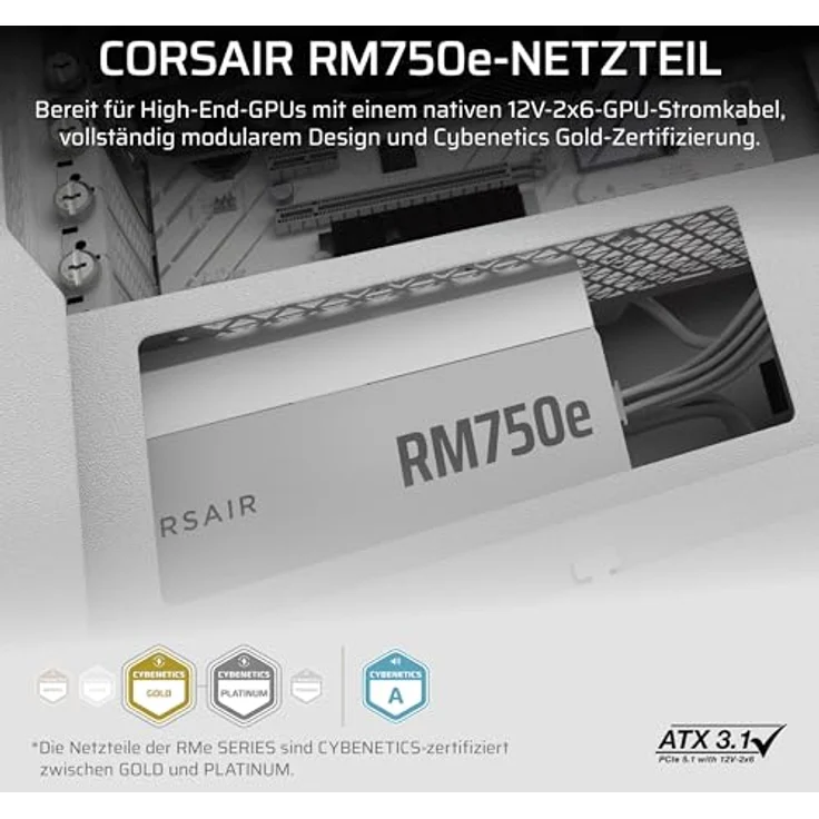 Corsair RM750e (2025) Geräuscharmes ATX-Netzteil Weiß - Vollmodular, Cybenetics Gold-Effizienz, 105°C-Kondensatoren, Modern Standby – Bild 2
