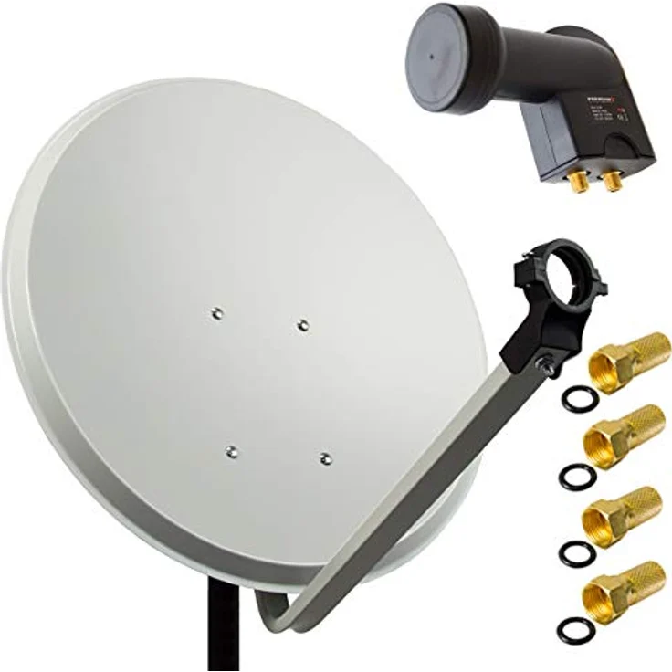 PremiumX Satelliten-Komplettanlage PXA80, 80cm Aluminium Satellitenschüssel in Hellgrau mit Twin LNB für 2 Teilnehmer - hohes Rauschmaß von 0,1 dB, HD/4K Empfang – Bild 1
