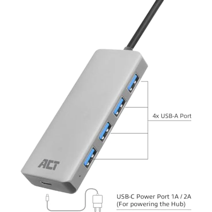 ACT USB Hub 3.0 AC6121, 4-Port USB 3.2, 5Gbps Datenübertragung, optionaler USB-C Stromanschluss, Plug & Play für PC/Notebook – Bild 3
