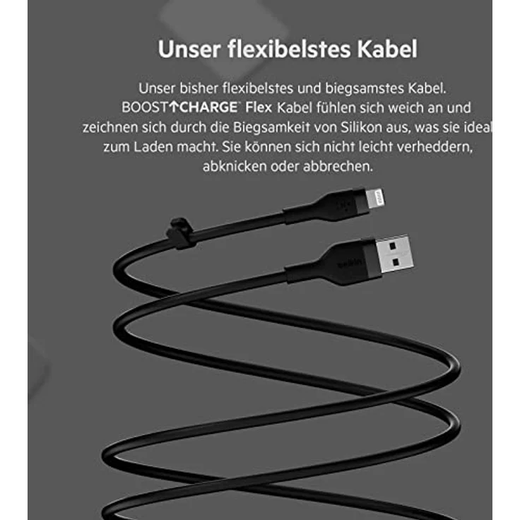 Belkin BoostCharge Flex Silikon-USB-A/Lightning-Kabel, 1 m, MFi-zertifiziertes Ladekabel für iPhone 14/14 Plus, 13, 12, 11, Pro, Max, mini, SE, iPad und andere Geräte – Schwarz – Bild 4