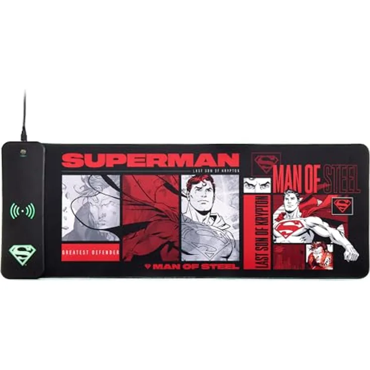 Numskull DC Comics Superman XL RGB Gaming-Mauspad mit 15W kabellosem Ladegerät, rutschfest, wasserabweisend, blau