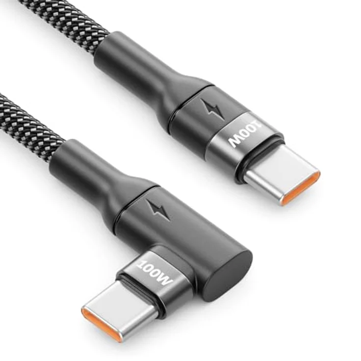 deleyCON 1,5m 100W USB C Ladekabel, gewinkelt 90 Grad, Power Delivery 3.0, schnellladend, kompatibel mit iPhone 17, Samsung Galaxy, MacBook und mehr – Bild 1