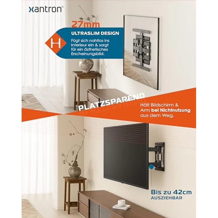Xantron Slim Fit TV Wandhalterung SLIMLINE-466US, schwenkbar für 43-90 Zoll TVs, VESA bis 600x400, nur 27mm Wand-Abstand, Tragkraft bis 75kg – Bild 5