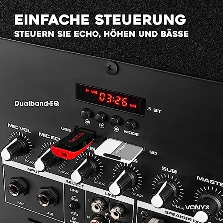 Vonyx VX1015BT Mobile PA Anlage Komplettset, Aktiv – Bluetooth, 1000 Watt, 2x 10'' Topspeaker, 15'' Subwoofer mit Klangreglern, inkl. Kabel, Stativen und Tasche – Bild 4